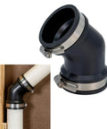 Qwik Ell 2 Inch Hub 45 Degree Flexible PVC DWV Elbow Fitting Connector for Drain Waste Vent Repair and Renovation, Heavy Duty, DIY Friendly Install, Reusable Plumbing Solution for Tight Spaces, black elbow with stainless bands