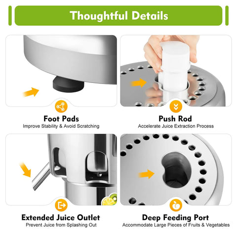 Fresh 370W Commercial Electric Juicer With Auto Pulp Separator And High Speed Motor foot pads, push rod, juice outlet, feeding port details.