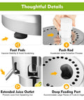 Get The Good Stuff With This 110V Commercial Electric Juice Extractor showing features like foot pads, push rod, and juice outlet.