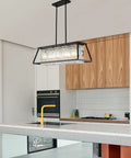 Lit Black Crystal Chandelier Pendant Light For Dining Room And Kitchen Island, 5-Light Rectangular Fixture above counter