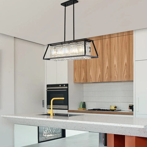 Lit Black Crystal Chandelier Pendant Light For Dining Room And Kitchen Island, 5-Light Rectangular Fixture above counter
