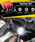 Top Notch 18 Piece Radiator Pressure Tester Kit For American Cars And Trucks Coolant System Leak Down Diagnosis With Quick Snap Coupler testing coolant system in engine compartment.