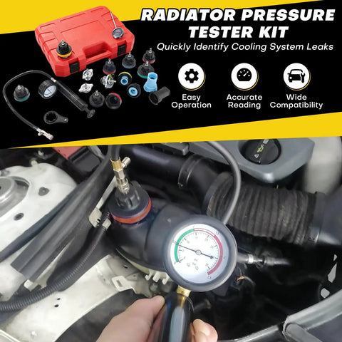 Top Notch 18 Piece Radiator Pressure Tester Kit For American Cars And Trucks Coolant System Leak Down Diagnosis With Quick Snap Coupler testing coolant system in engine compartment.