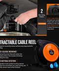 Cord Reel Extension 12AWG 50 Ft With Triple Tap Connector IP64 Waterproof Rated 15A 1875W with person using the reel in a garage
