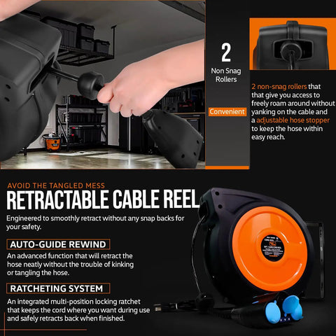 Cord Reel Extension 12AWG 50 Ft With Triple Tap Connector IP64 Waterproof Rated 15A 1875W with person using the reel in a garage