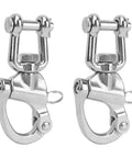 Top Shelf 316 Stainless Steel Snap Shackles With Swivel Rotating Eye And No Hassle Quick Release Design For Heavy Duty Sailboat Rigging Yacht Halyards And Rugged Industrial Deck Hardware 128 Mm, showing two stainless steel shackles.