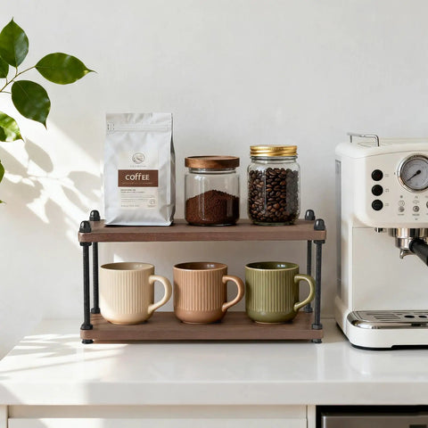 Rustic Wooden Coffee Station Organizer And Two Tier Mug Holder For Countertop Display with mugs and coffee jars