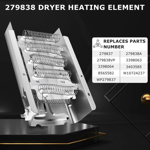 Heavy Duty Dryer Heating Element Kit Replacement W10724237 3403585 279838 in metal frame with part numbers visible