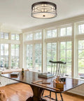 Semi Flush Drum Ceiling Light 3 Light in Oil Rubbed Bronze Finish With Linen White Fabric Shade and Metal Frame in cozy room