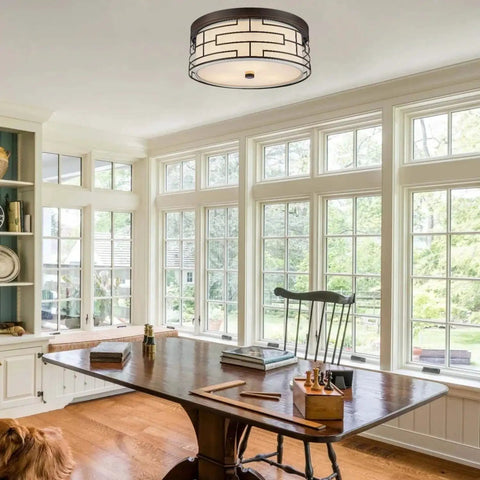 Semi Flush Drum Ceiling Light 3 Light in Oil Rubbed Bronze Finish With Linen White Fabric Shade and Metal Frame in cozy room