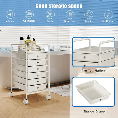 Six Tier Utility Cart With Six Drawers Rolling Cart With Two Lockable Caster Wheels Multipurpose Mobile Drawer Cart For Office Kitchen And Bathroom Ivory White