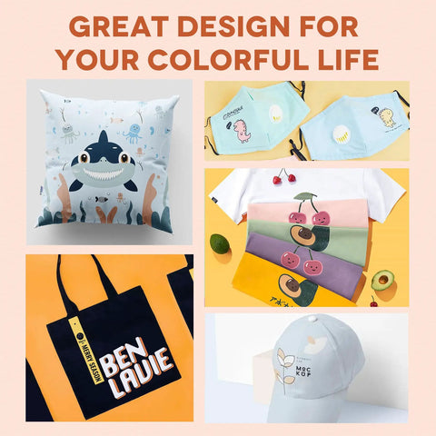 Collage with colorful pillows, printed shirts, tote bags, and a cap showcasing vibrant designs
