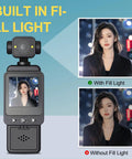Built-in fill light feature showcased with before and after images on a body mounted action camera for vlogging with WiFi night vision.