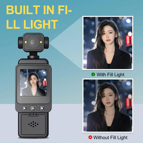 Built-in fill light feature showcased with before and after images on a body mounted action camera for vlogging with WiFi night vision.