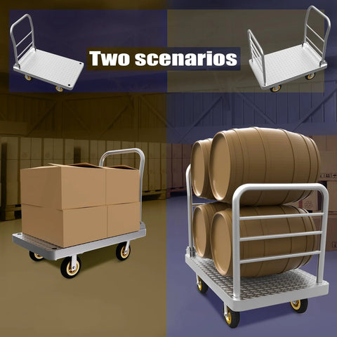 2IN1 48x24 Platform Truck Cart 2650lbs Heavy Duty Flatbed Dolly with Detachable Rear Guardrail loaded with boxes and barrels