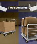 Badass Heavy Duty Platform Truck Cart 42 By 25 Inches with boxes and barrels demonstrating multiple uses on warehouse floors.