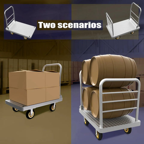 Badass Heavy Duty Platform Truck Cart 42 By 25 Inches with boxes and barrels demonstrating multiple uses on warehouse floors.