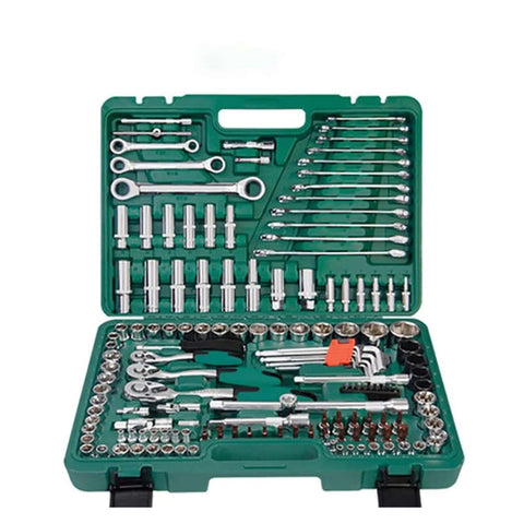 Shop Ready 150 Piece 1 4 Inch Socket Wrench Ratchet Set Built Like A Tank Chrome Vanadium Steel in green storage case.