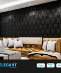 Living room with Massive 3D Diamond Pattern PVC Wall Panels Black 19.7 Inch Square Pack Of 12 Tiles Real 1 Inch Raised Texture