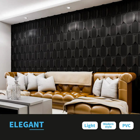 Living room with Massive 3D Diamond Pattern PVC Wall Panels Black 19.7 Inch Square Pack Of 12 Tiles Real 1 Inch Raised Texture