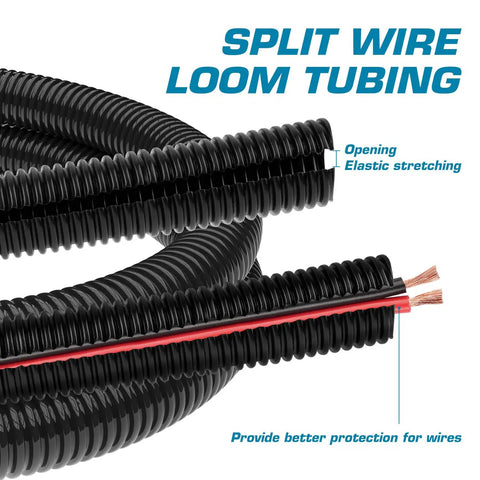 Half Inch By 100 Feet Split Wire Loom Tubing Black Flexible Chemical-Resistant Cable Shield for wires, displaying open slit