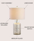 Mercury Silver Trellis Glass Table Lamp With White Linen Shade For Living Room Or Bedroom, Dope Modern Bedside Nightstand Light, LED Bulb Included, Energy Efficient, UL Listed with mercury glass base and white fabric shade. On/off rotary switch visible.