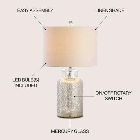 Mercury Silver Trellis Glass Table Lamp With White Linen Shade For Living Room Or Bedroom, Dope Modern Bedside Nightstand Light, LED Bulb Included, Energy Efficient, UL Listed with mercury glass base and white fabric shade. On/off rotary switch visible.