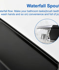 Matte Black Waterfall Tub Filler Deck Mount With Three Hole Roman Tub Faucet And Two Square Handles Valve Included And cUPC Water Supply Lines All Solid Brass Construction close-up of waterfall spout and water flow