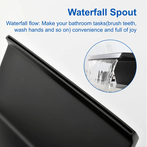 Matte Black Waterfall Tub Filler Deck Mount With Three Hole Roman Tub Faucet And Two Square Handles Valve Included And cUPC Water Supply Lines All Solid Brass Construction close-up of waterfall spout and water flow