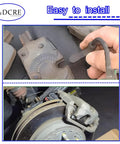 Rear disc brake pad wear sensor; top close-up of metal strap, bottom shows sensor installed on caliper with rotor.