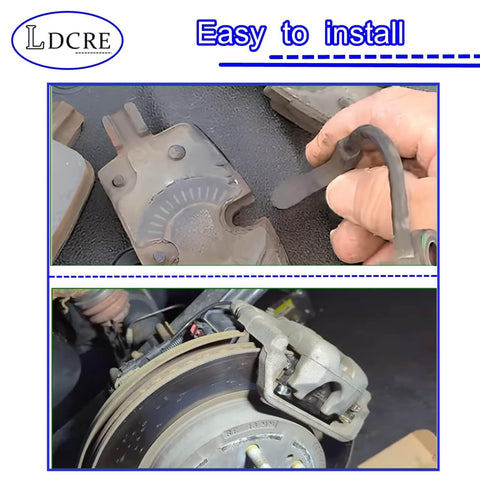 Rear disc brake pad wear sensor; top close-up of metal strap, bottom shows sensor installed on caliper with rotor.