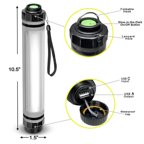 Waterproof Rechargeable LED Flashlight And Power Bank For Camping And Outdoor Adventures Rugged IP68 Submersible Light With Shockproof Design Multiple Brightness Levels Built For Backcountry Hiking And Boating Hurricanes Survival Gear And Prep. Features foldable hook, glow-in-dark button, USB ports, 10.5 x 1.5 inches.