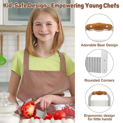 Bear-shaped kid-safe crinkle cutter with rosewood handle and rounded tip used by a girl in a kitchen