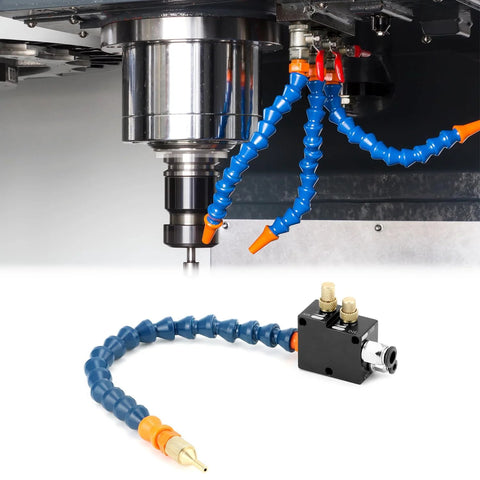Mist coolant spray system for CNC machines installed; blue articulated hose with orange connectors and brass fittings near the spindle.