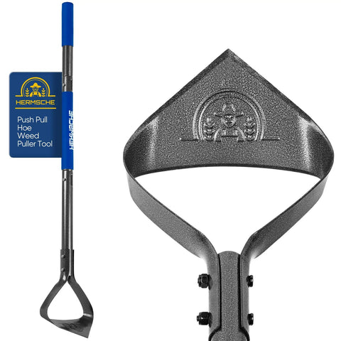 Close-up of Workhorse Triangle Garden Hoe with long adjustable handle and triangular carbon steel blade for weeding and soil loosening.
