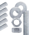 Three Quarter Inch By Eighteen Inch Hot Dip Galvanized All Threaded Rods Six Pack Coarse UNC Threads Carbon Steel Right Hand Threads ASTM A307 Standard For Construction And Industrial Use, with washers and nut