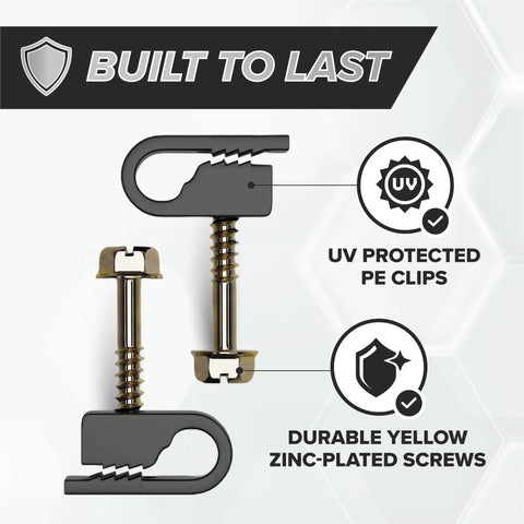 Diagram of One Quarter Inch Coax Cable Clips With Screws Outdoor Exterior Cord Management with zinc-plated screws shown