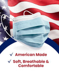 Straight Up Super Comfy Blue Disposable Face Masks Made In Usa Medical Grade 3 Ply Astm Level 1 Filtered Ear Loops 50 Pack against American flag.