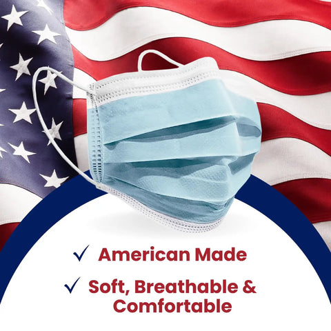 Straight Up Super Comfy Blue Disposable Face Masks Made In Usa Medical Grade 3 Ply Astm Level 1 Filtered Ear Loops 50 Pack against American flag.