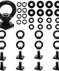 Heavy Duty Eight Pack M8 T Slot Track Tie Down Anchors Black Coated Stainless Steel Eye Bolts with washers and bolts.