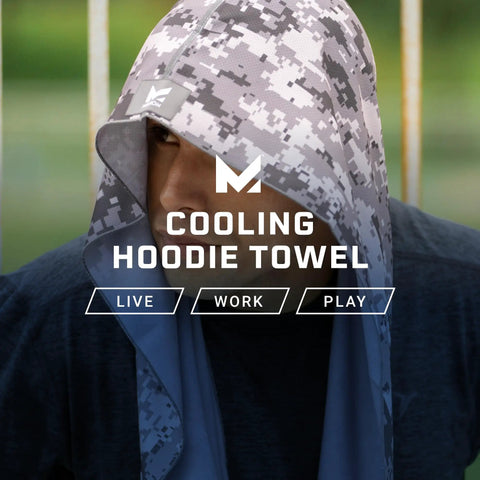 Cooling Hoodie Towel For Sports That Cools When Wet Quick Chill To 30 Degrees Below Body Temp In Under 30 Seconds UPF 50 Sun Protection Contours Your Head And Stays Put Black Hooded Towel camouflage design worn outdoors