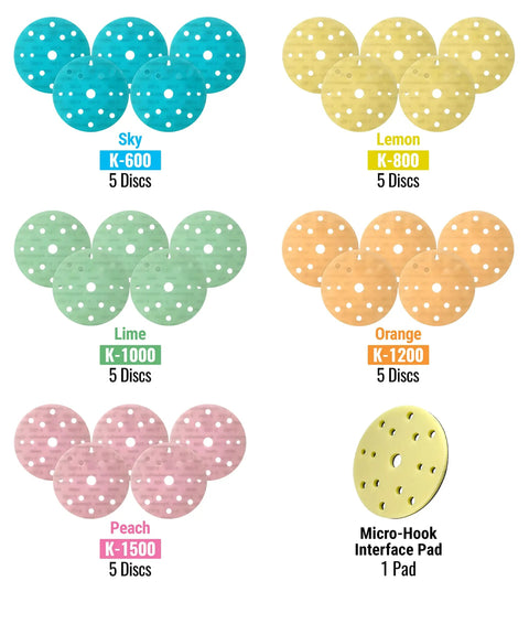 Flexible Sanding Disc Starter Kit With 15 Hole Pattern K600 To K1500 Grit 25 Discs Plus Micro Hook Pad Ultra Sharp Aluminum Oxide For Fast Cutting And Shallow Scratches No Oversanding Ideal For Quick Grind Detail Sanding On Wood Metal; assorted grit discs and micro-hook pad.