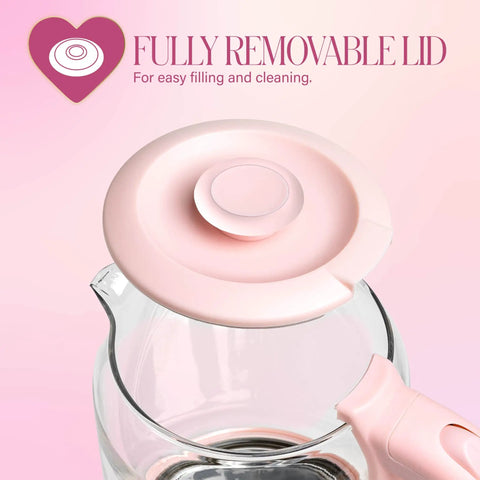 Close-up of Pink Glass Electric Kettle 1.8 Liter With 1100 Watt Fast Boil Auto Shut Off Boil Dry Protection and removable lid.