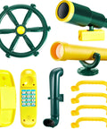 Pirate Themed Playground Accessories Set For Swing Set 9 Piece Outdoor Playhouse Kit With Plastic Steering Wheel Telescopes Periscope Toy Telephone 4 Safety Handles And Hardware Yellow And Green Kids Will Love