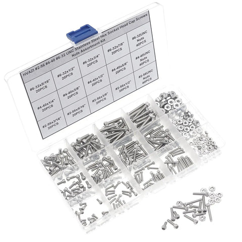 Durable 304 Stainless Steel Hex Socket Head Cap Screws With Nuts Set 360 Piece Assortment Sizes 2-56 4-40 6-32 UNC Coarse Threads