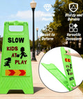 Three Pack Kids Playing Signs For Street Reflective Slow Down Alert Sign With Double Sided Text Graphics Highly Visible Children Safety Warning Signs For Neighborhoods Yards And Driveways, front view in use outdoors