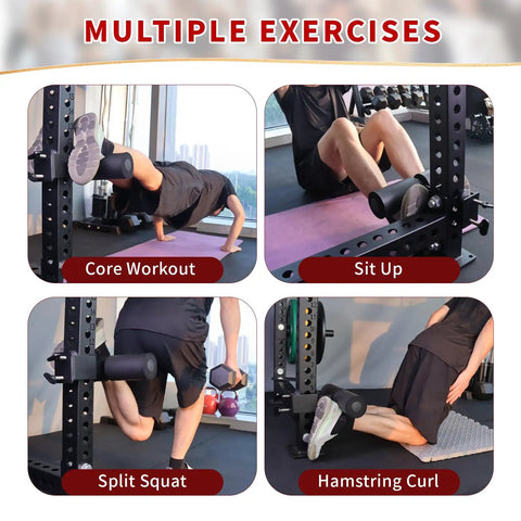 Upgrade Hamstring Curl Sit Up Bar Attachments For Power Racks With Pin Rod And 3 Adjustable Holes in use for exercises.