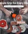 Person using 5/8-11 angle grinder to cut brick with various disc attachments shown.