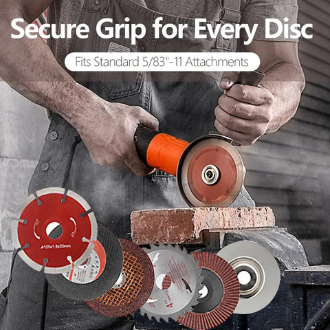 Person using 5/8-11 angle grinder to cut brick with various disc attachments shown.