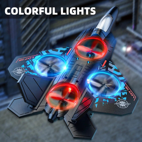 Foam RC Airplane For Kids And Adults, Two Point Four GHz Remote Control Plane with colorful lights in flight displaying blue LEDs